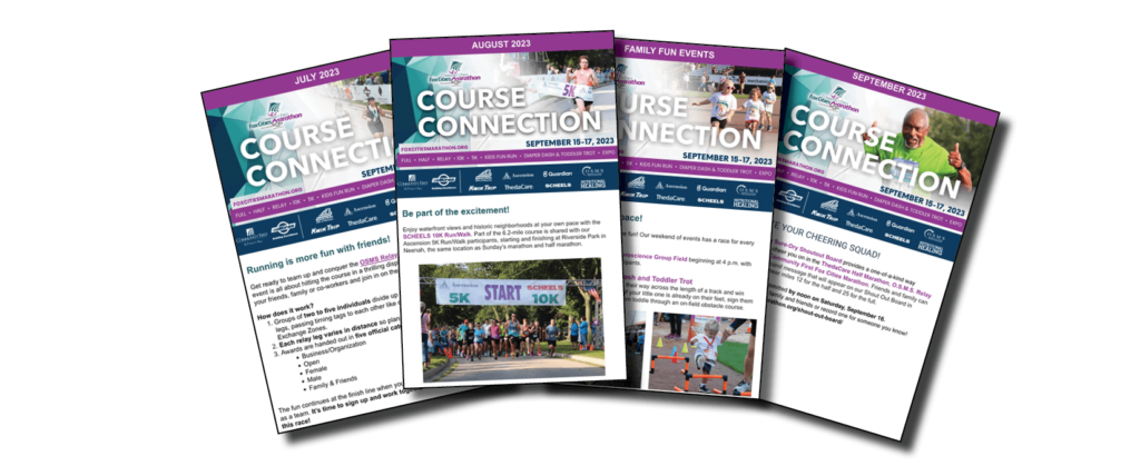Sample of four Course Connection email newsletters in purple and teal.