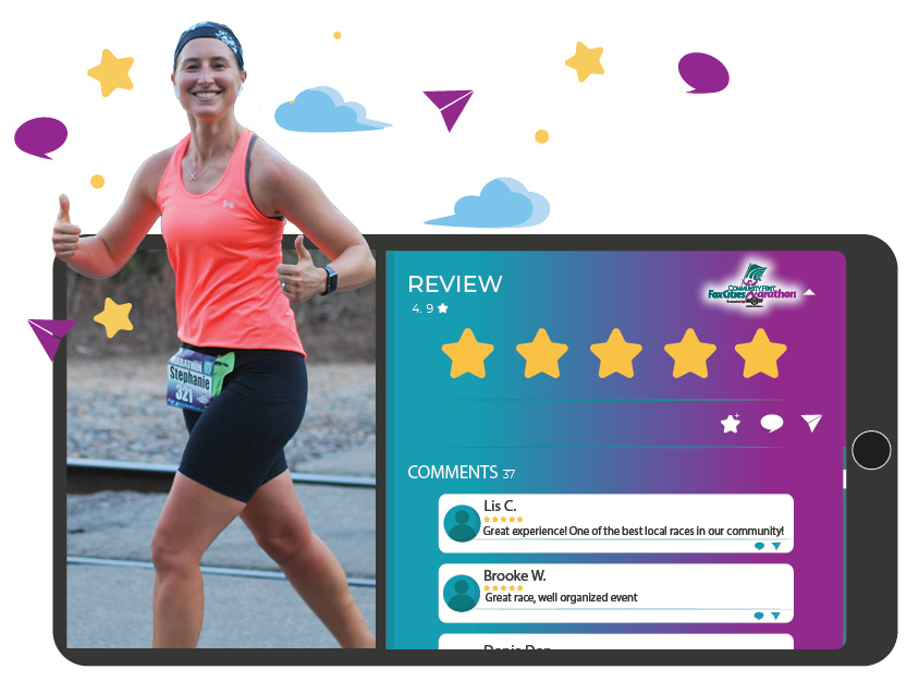 Woman in pink running next to five star review. Submit your Google Review.