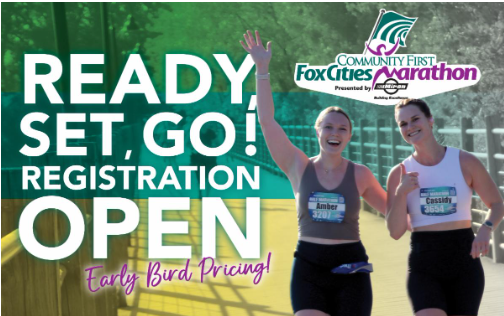Runners on the race track with Ready Set Go Registration Open text