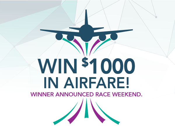 Win $1000 in airfare for Fox Cities Marathon race weekend with an airplane taking off using marathon green and purple colors as the wind