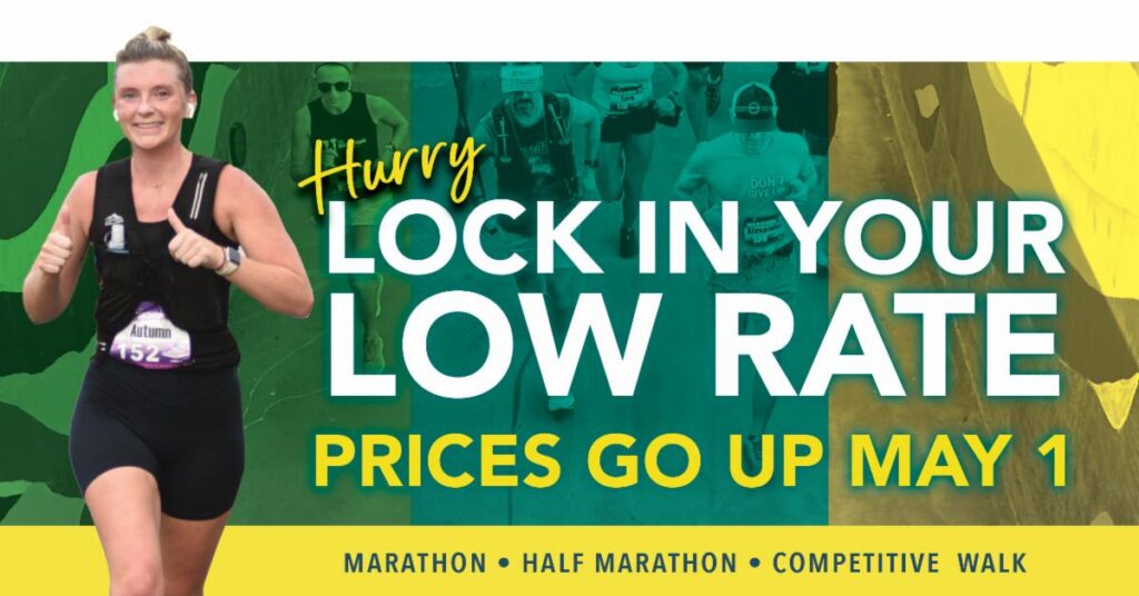 Fox Cities Marathon runner with text Hurry, lock in your low rate, prices go up May 1.
