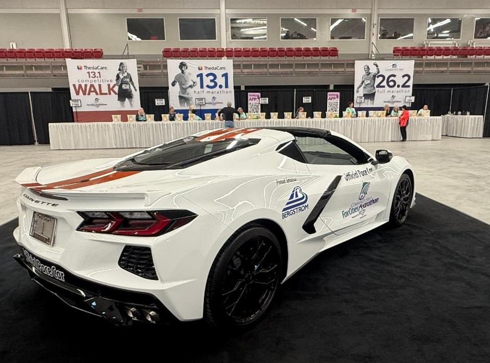 Fox Cities Marathon proud sponsor Bergstrom Automotive's white Corvette.