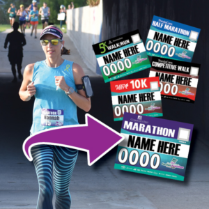Fox Cities Marathon woman running with sample of personalized running bibs.