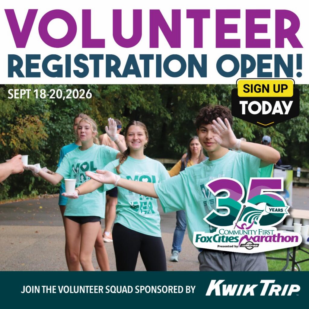 Fox Cities Marathon Volunteer Registration Open showing water stations, sponsored by Kwik Trip.