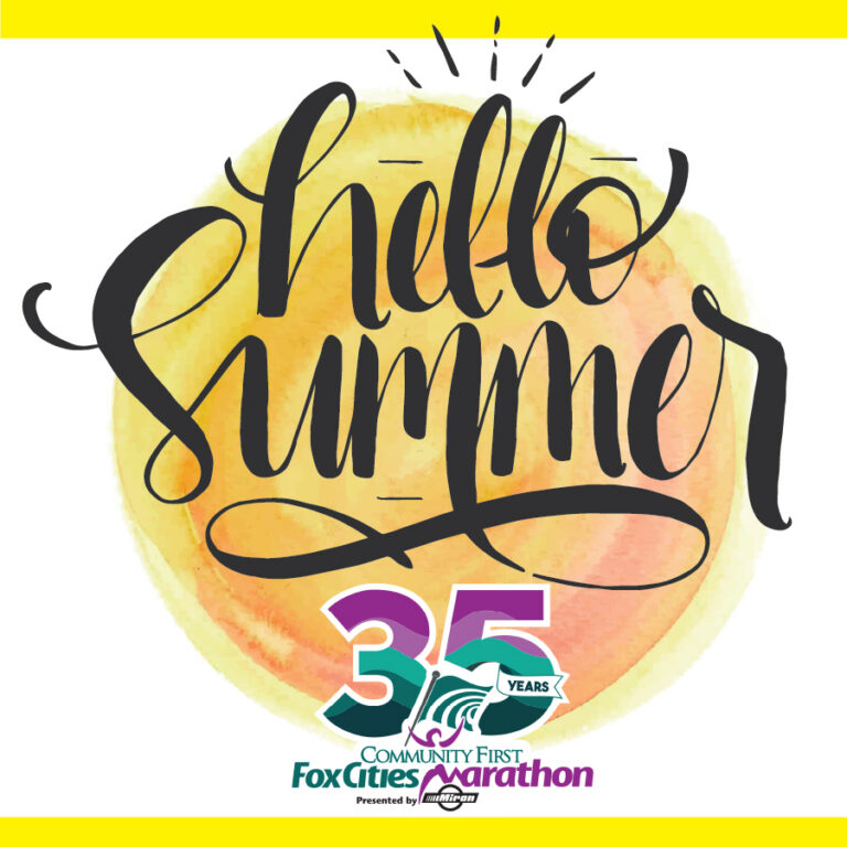 Fox Cities Marathon 35 Years Running logo with yellow circle and Hello Summer in script font.