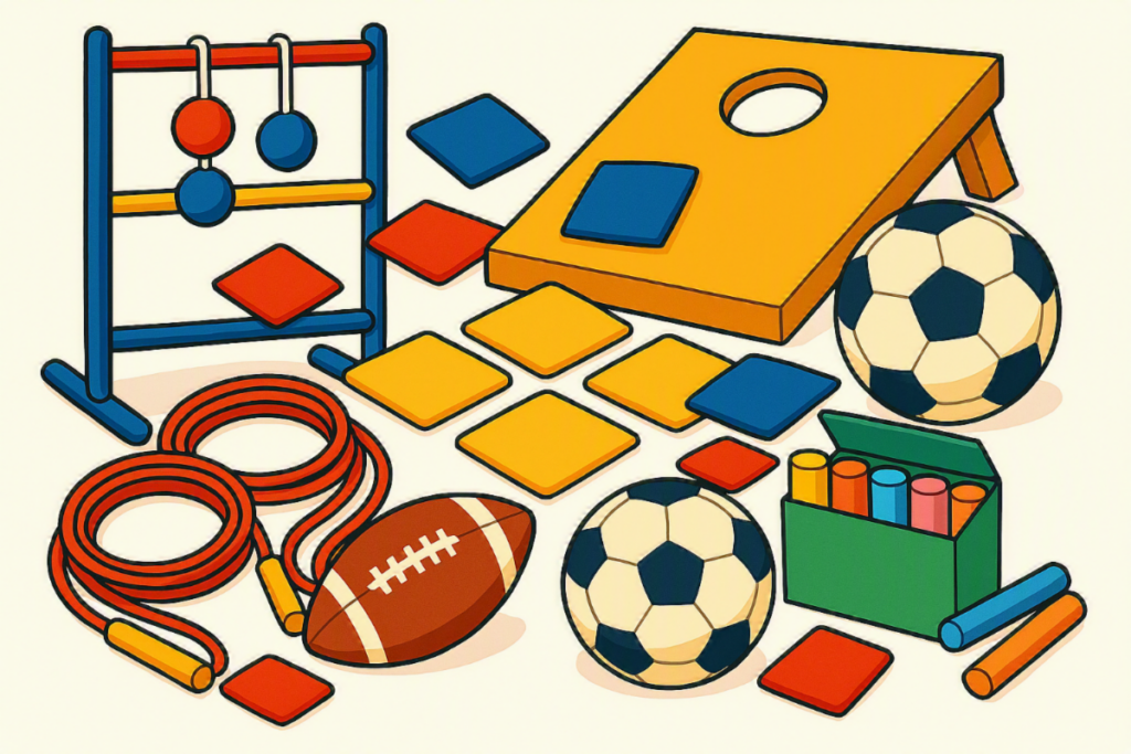 Fox Cities Marathon school challenge winner Edison Elementary outline of games - ladderball, soccer, football, jump ropes, bean bag toss, and chalk.