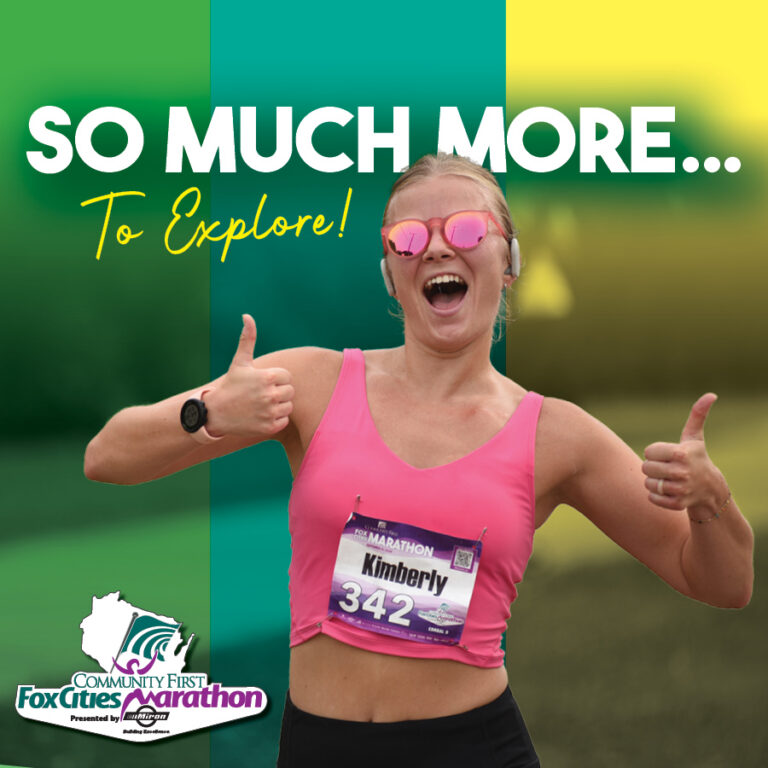 Fox Cities Marathon runner giving thumbs up, words so much more to explore.