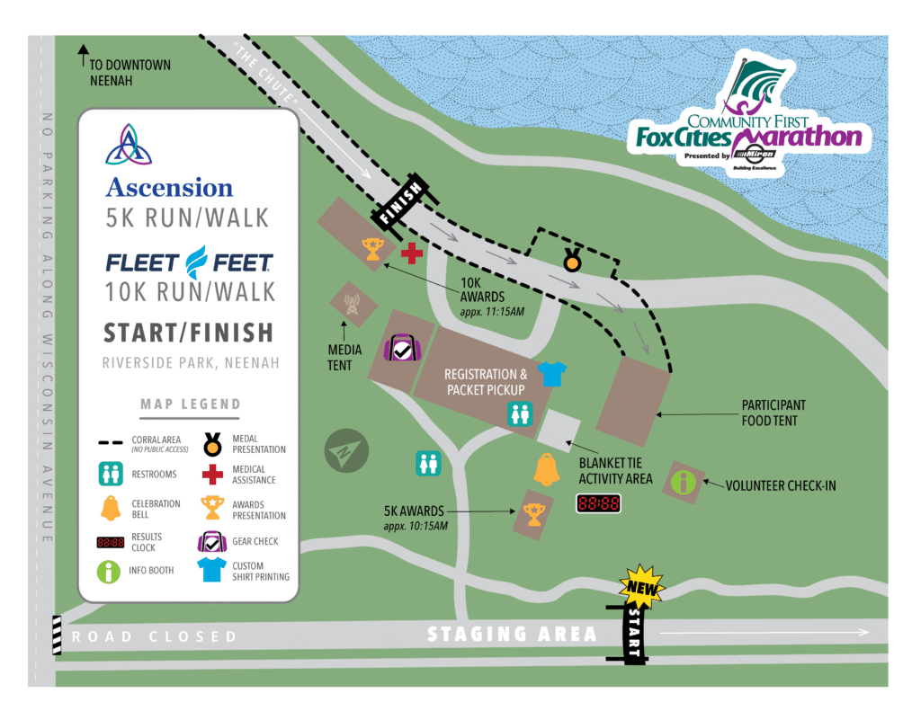 Fox Cities 5K and 10K Start and Finish Line map for 2026.