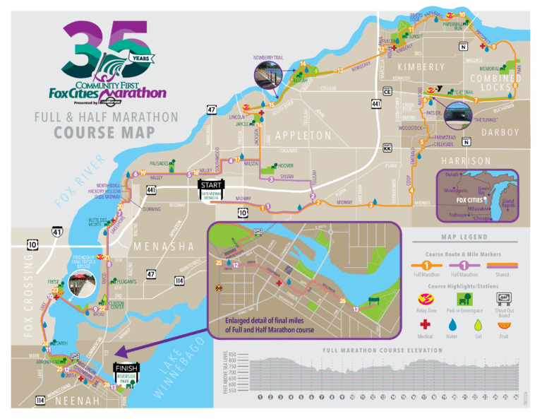 Fox Cities Marathon Full, Half, Relay, and Competitive Walk Course Map for 2026.