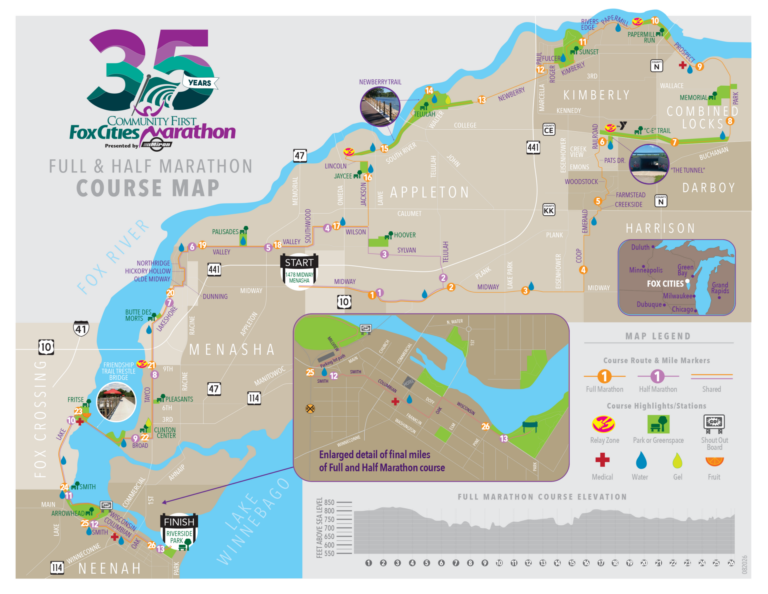 Fox Cities Marathon Full Marathon, Half Marathon, Relay, and Competitive Walk course map for 2026.