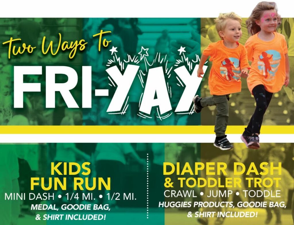 Fox Cities Marathon Kids Fun Run and Diaper Dash Ad stating 'Two Ways to Fri-Yay!' with children running.