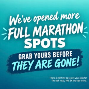 Fox Cities Marathon ad stating 'We've opened more Full Marathon spots. Grab yours before they are gone! in white text.